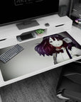 Smiling anime heroine desk pad 40x20 inches, red bowtie and crisp white blouse, charming close-up scene.