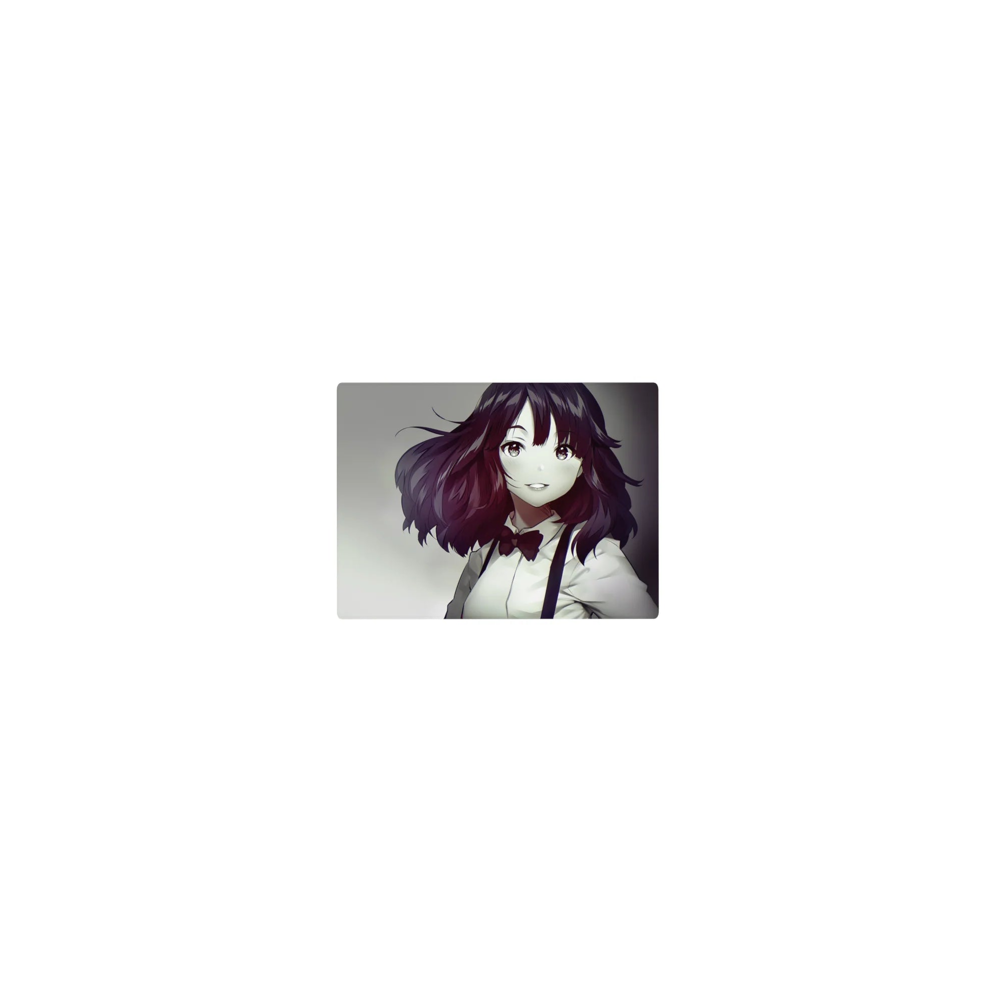 Classic anime girl mouse pad 14x10 inches with auburn waves, white shirt, and red bow, glossy finish.