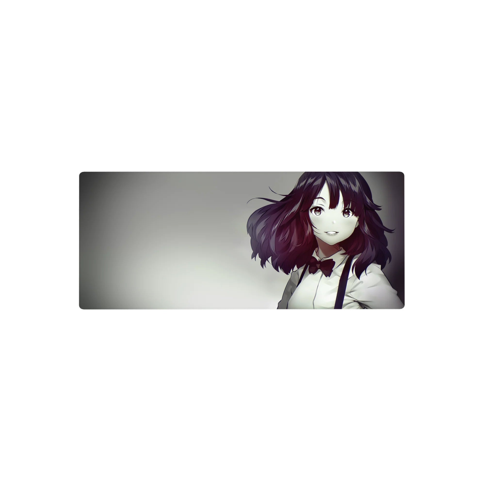 Anime girl mouse pad 28x12 inches with auburn-haired heroine, white shirt and red bow, glossy anime art.