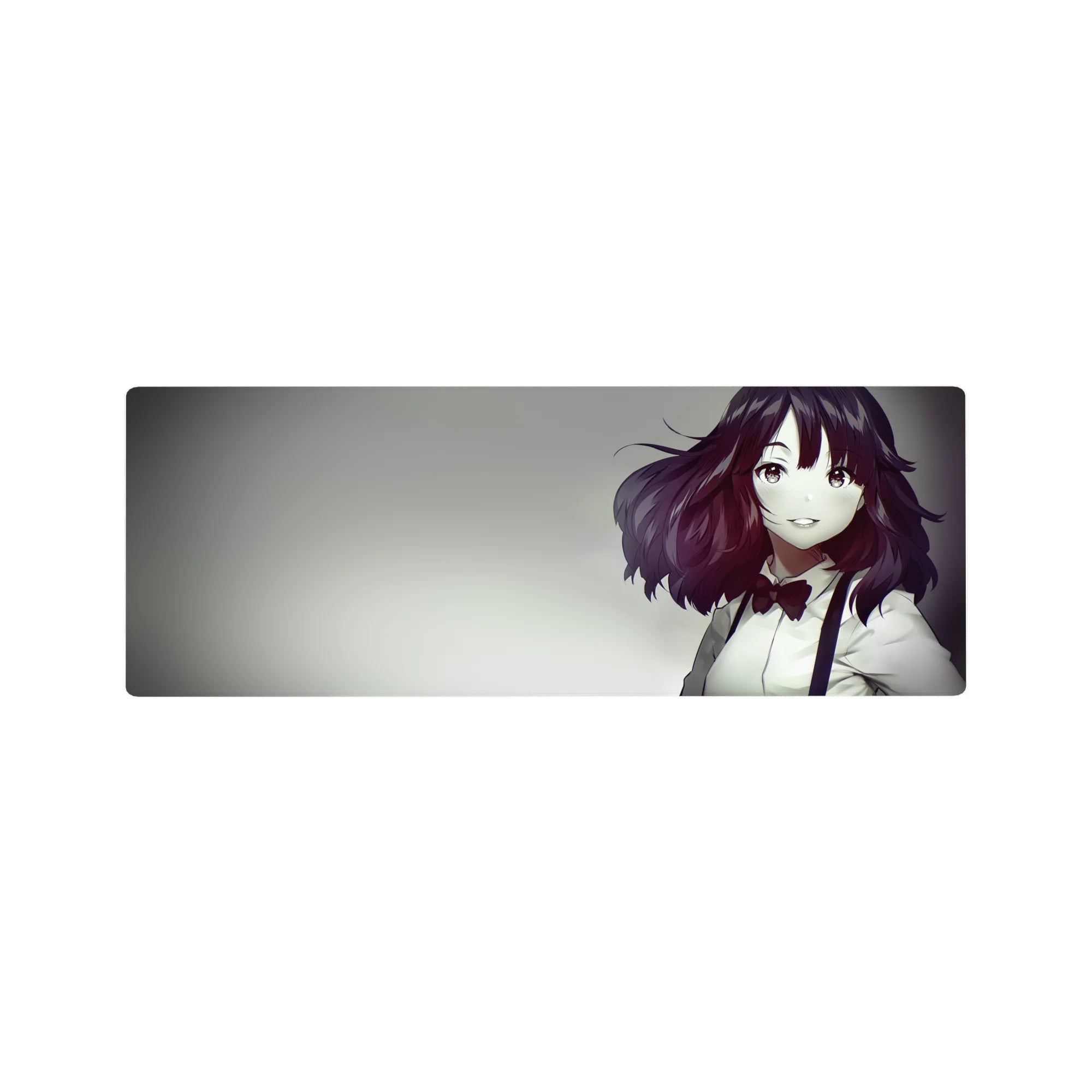 32x12 inches anime girl mouse pad with auburn wavy hair, white shirt and red bow, soft smoky backdrop.
