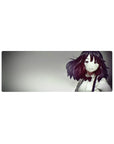 32x12 inches anime girl mouse pad with auburn wavy hair, white shirt and red bow, soft smoky backdrop.