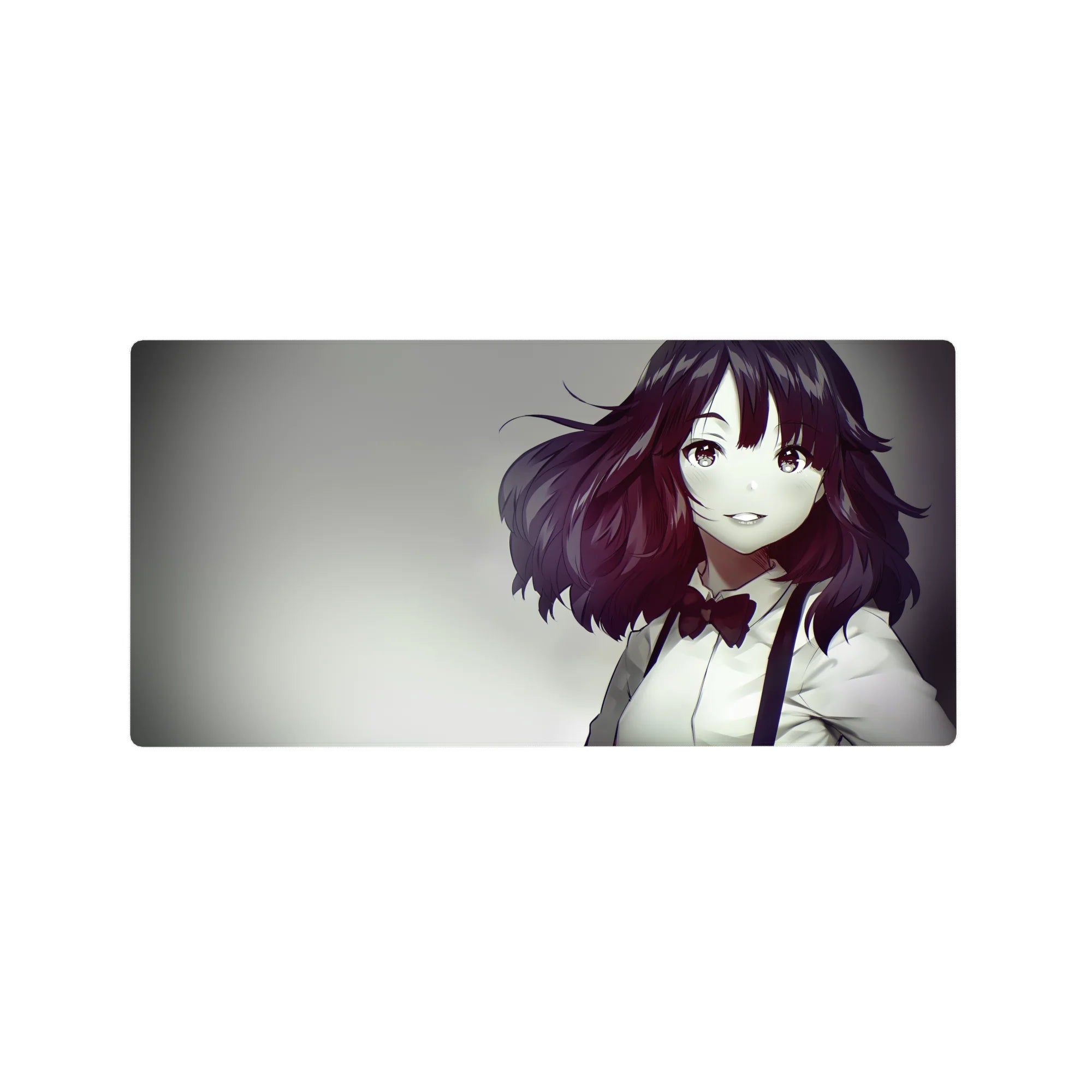 32x16 inches anime girl mouse pad with auburn-haired heroine, white shirt and red bow on smoky background.