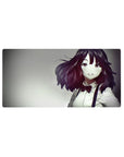 32x16 inches anime girl mouse pad with auburn-haired heroine, white shirt and red bow on smoky background.