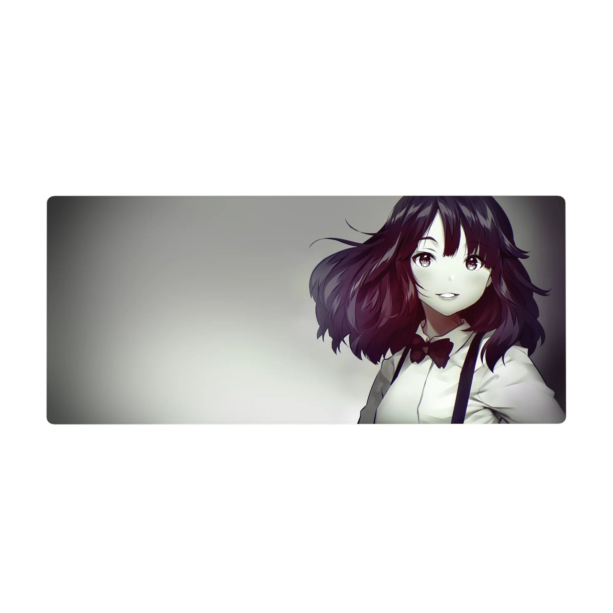 Anime girl desk pad 36x16 inches with auburn wavy hair, white shirt, and red bow on smoky backdrop.