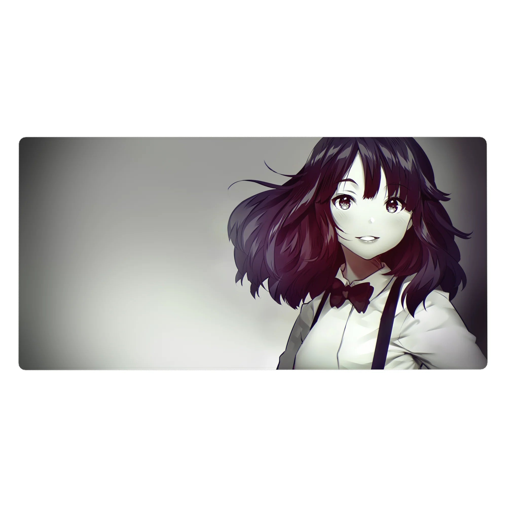 Anime girl desk pad 40x20 inches with auburn waves, white shirt, red bow, soft smoky background.