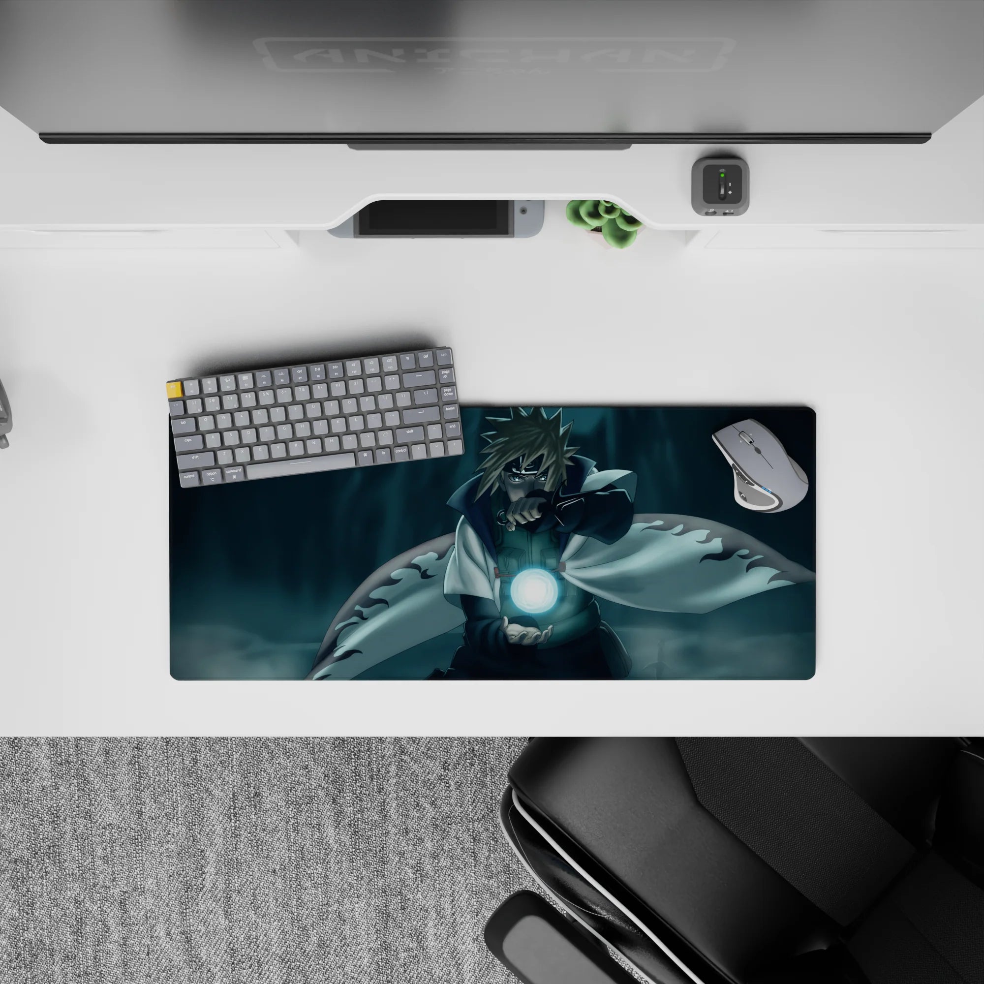 28x12 inches anime mouse pad in deep teal shadows with misty gradients and a calm, late-night vibe.