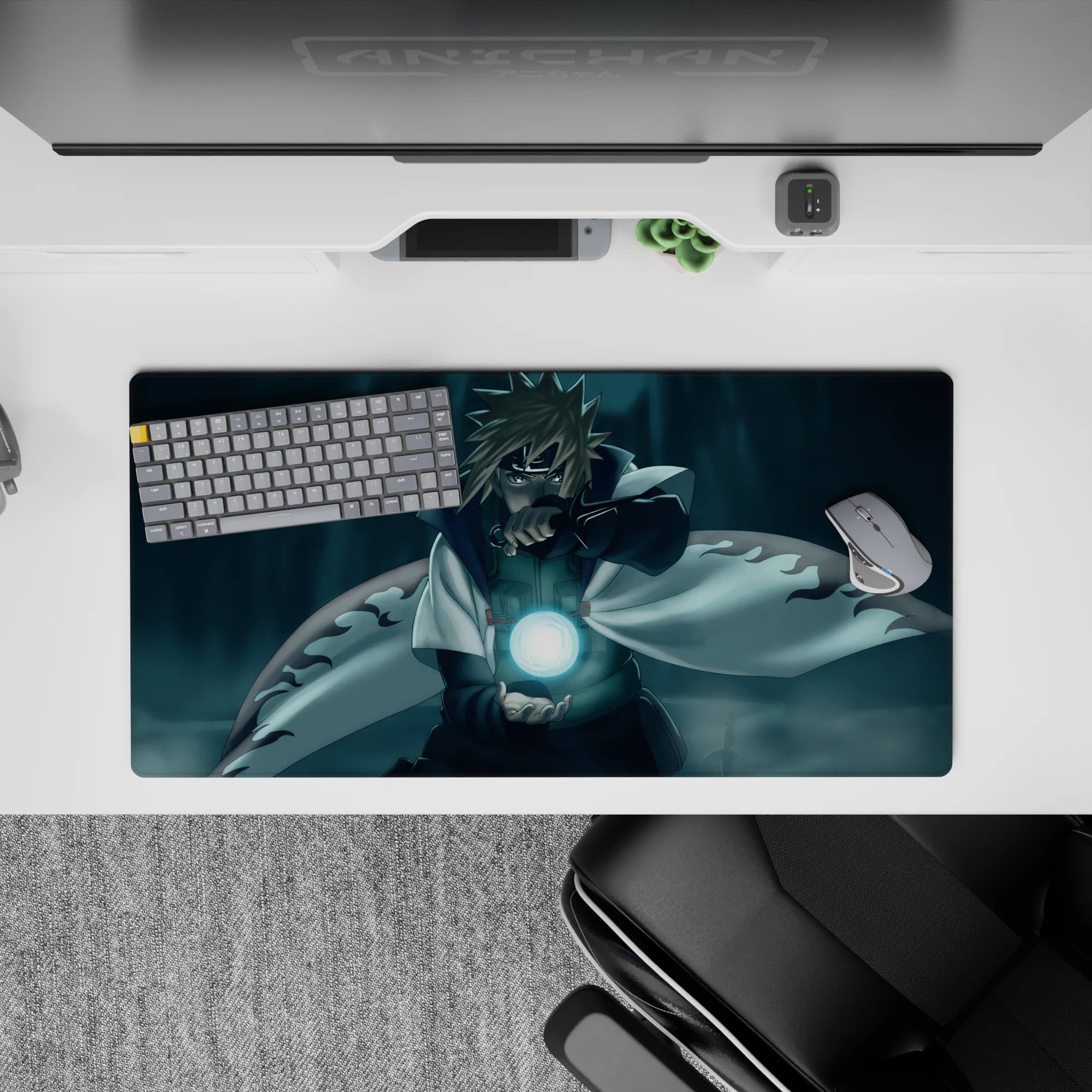 32x16 inches anime desk mat in deep teal shadows with misty gradients, calm night-match vibe.