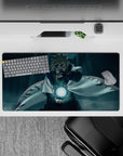 32x16 inches anime desk mat in deep teal shadows with misty gradients, calm night-match vibe.