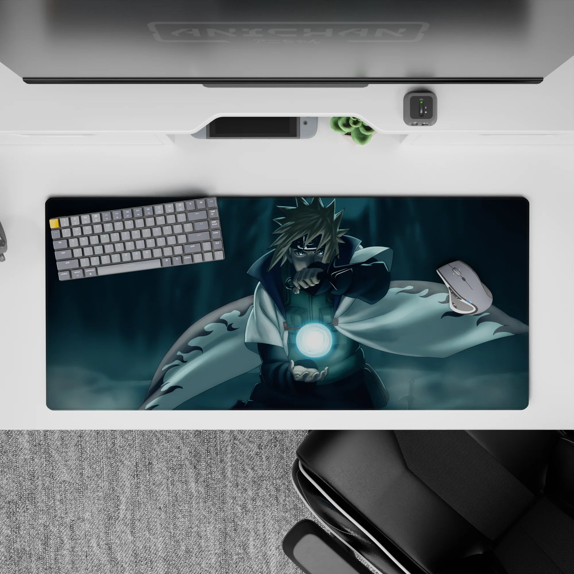 Deep teal and misty gradient anime desk pad 36x16 inches, calm storm vibe with moonlike Rasengan glow.