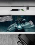Deep teal and misty gradient anime desk pad 36x16 inches, calm storm vibe with moonlike Rasengan glow.