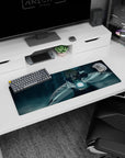 Minato Namikaze forming Rasengan like a tiny moon on anime mouse pad 32x12 inches, white cloak in motion.