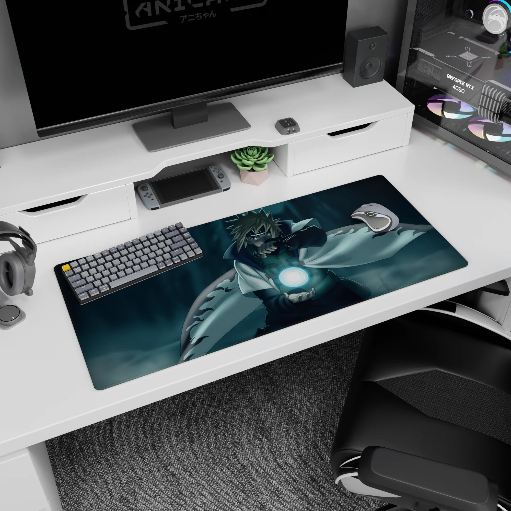 Minato Namikaze from Naruto casting Rasengan on a 36x16 inches desk pad, white cloak sweeping mid-action.