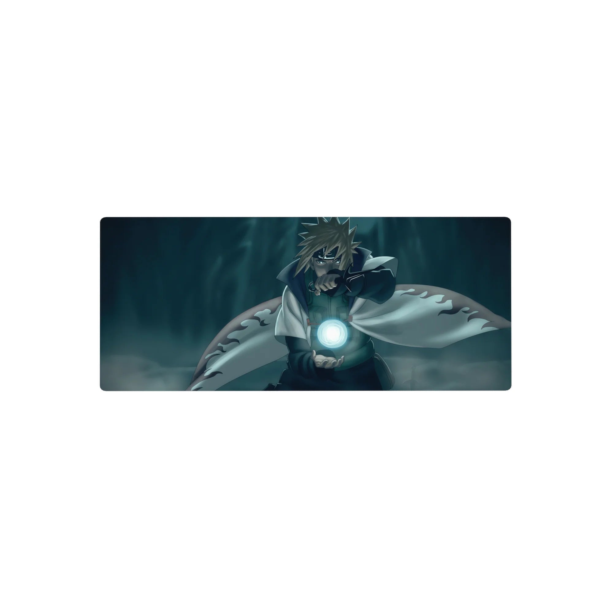 28x12 inches anime mouse pad with Minato Namikaze, teal mist backdrop and flame-trim white cloak.