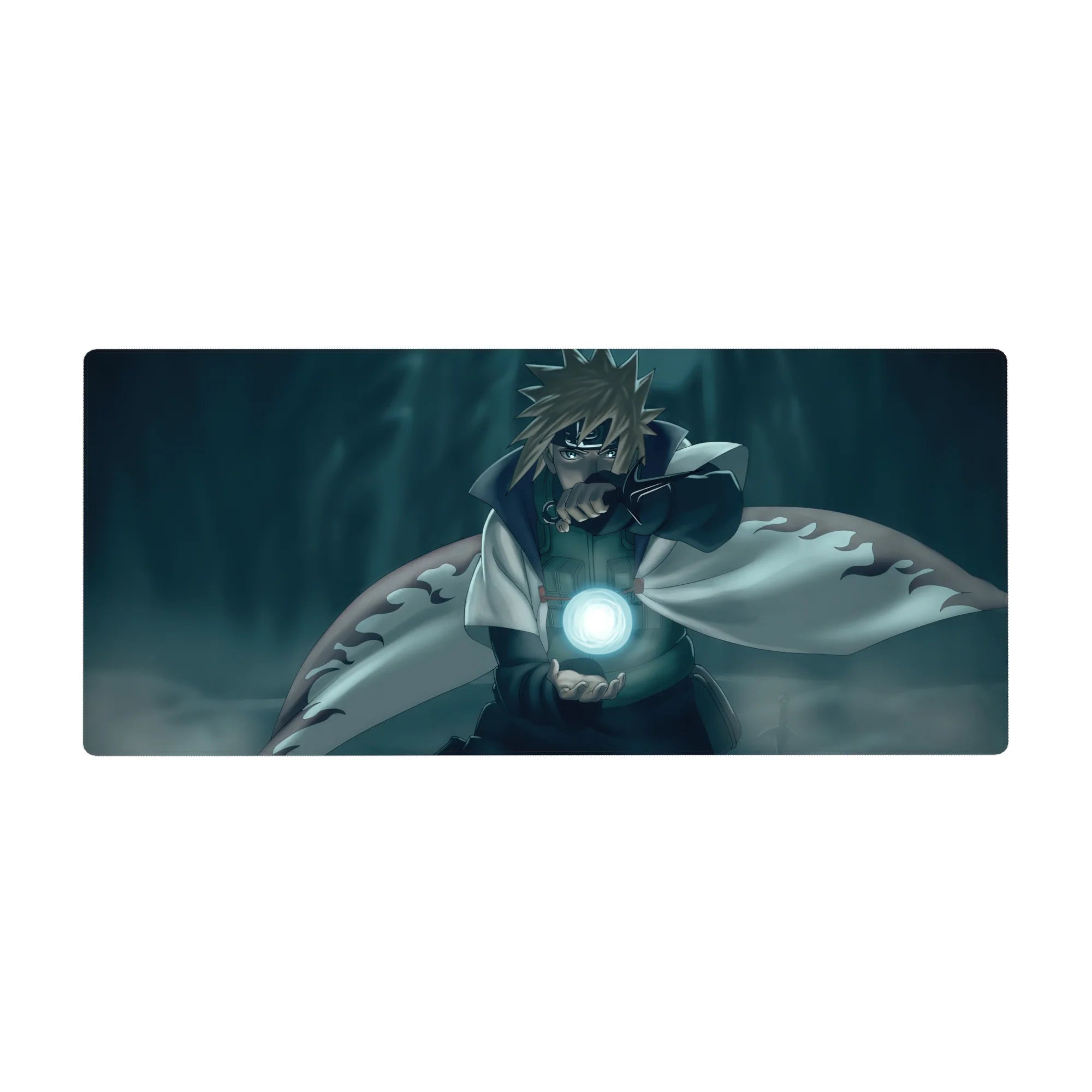 Naruto anime desk pad 36x16 inches with Minato Namikaze and glowing Rasengan, flame-trim cloak art.