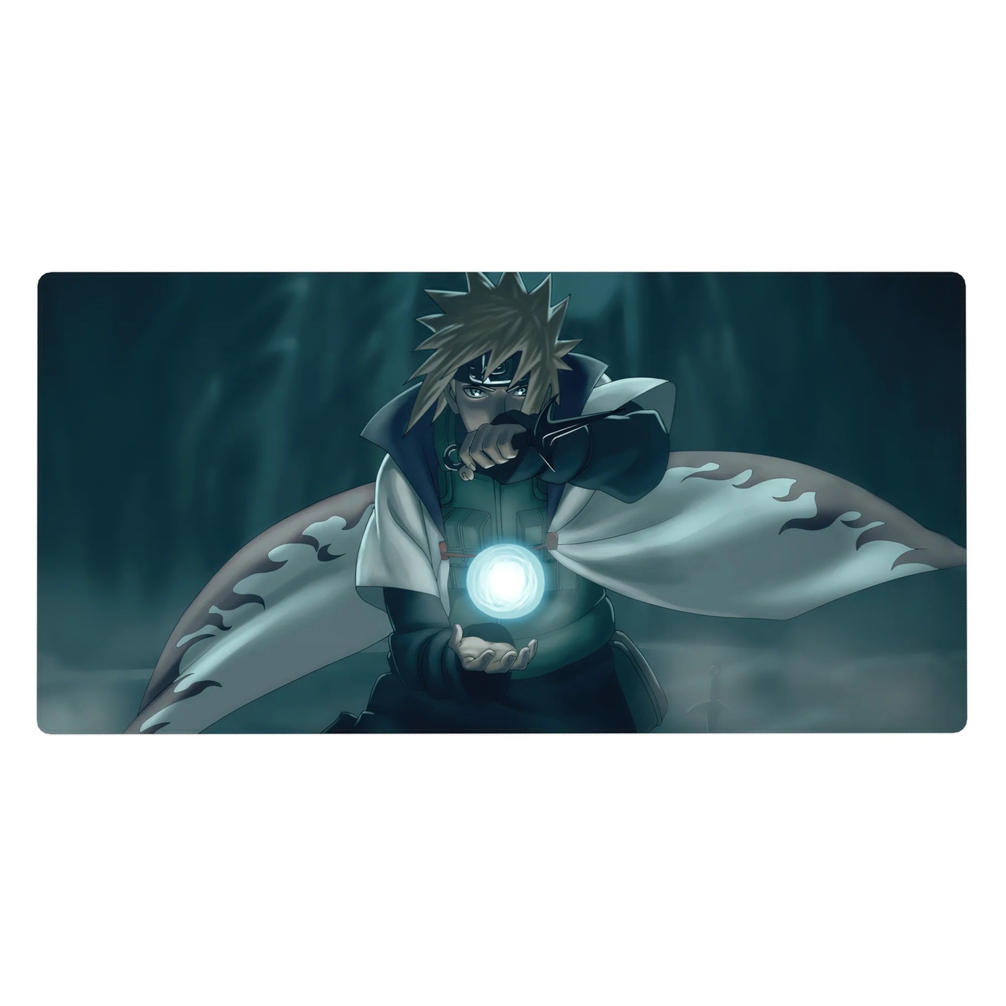 Naruto Minato Namikaze anime desk pad 40x20 inches with Rasengan glow and flame-trim cloak.