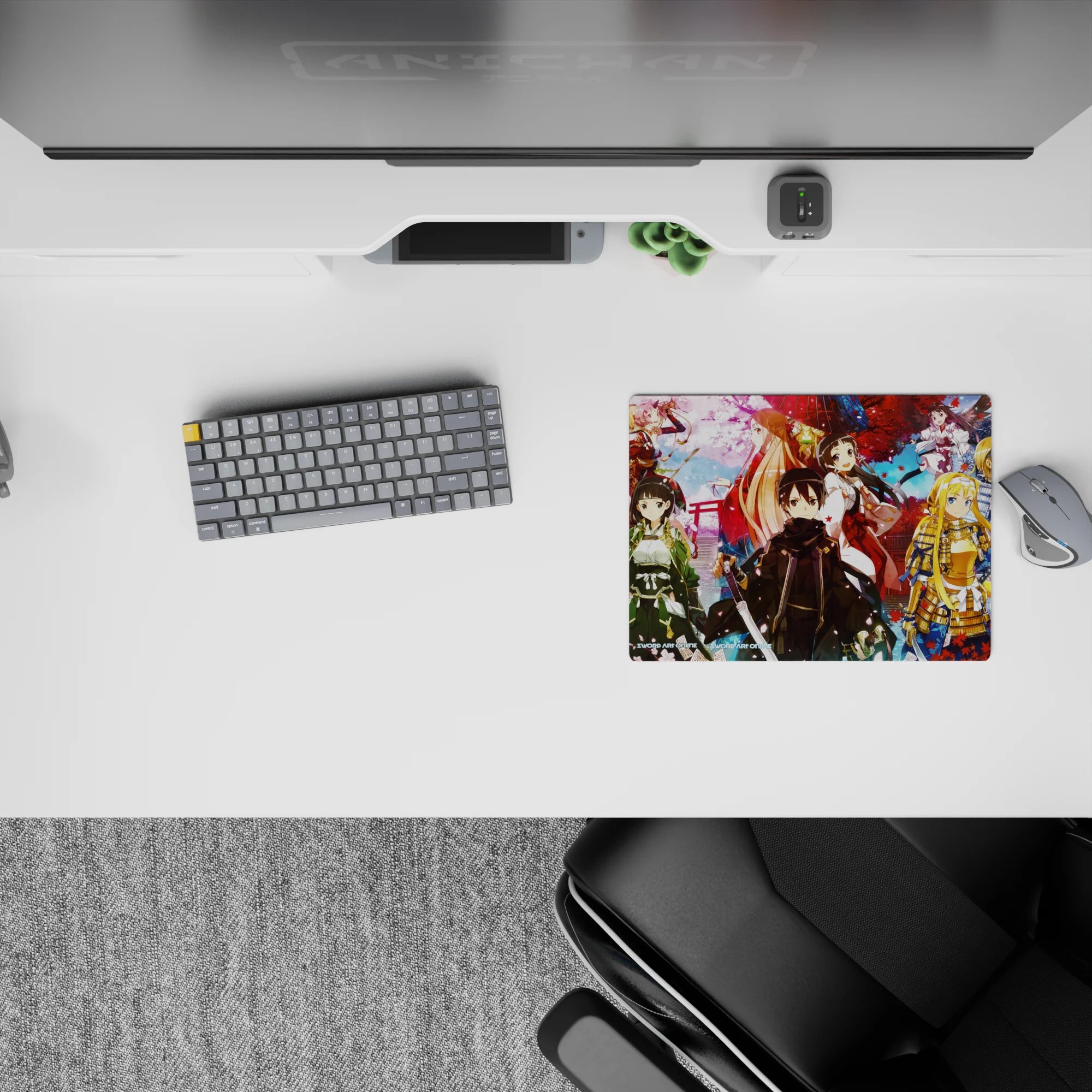 Anime mouse pad 14x10 inches featuring Kirito in samurai attire under sakura and autumn leaves, vibrant festival colors.