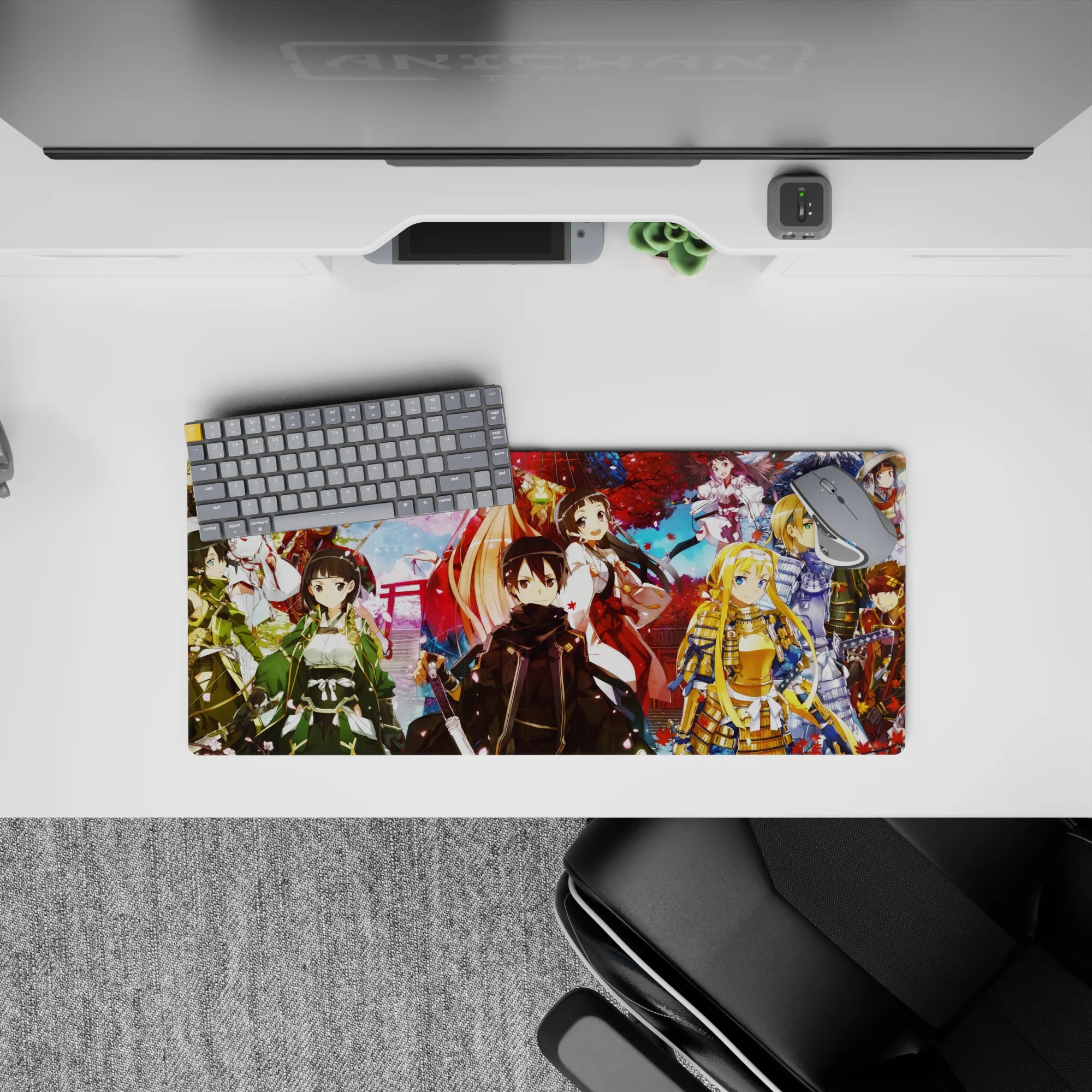 Anime mouse pad 28x12 inches featuring Kirito and crew in samurai and shrine maiden outfits with sakura and autumn leaves.