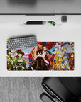 Anime mouse pad 28x12 inches featuring Kirito and crew in samurai and shrine maiden outfits with sakura and autumn leaves.