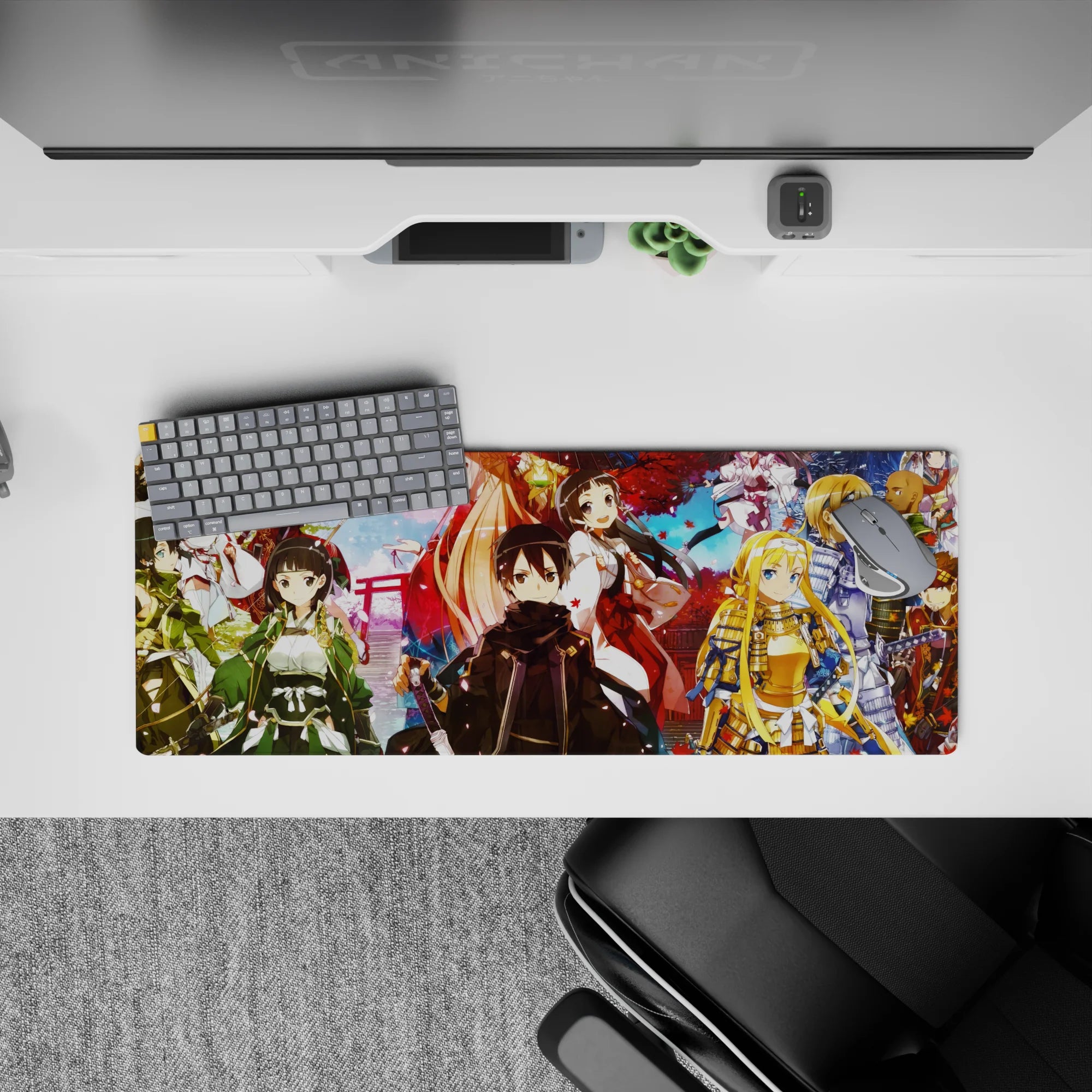 Anime mouse pad 32x12 inches featuring Kirito and crew in samurai and shrine maiden outfits under sakura and autumn leaves.