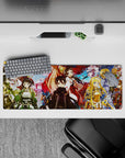 Anime mouse pad 32x12 inches featuring Kirito and crew in samurai and shrine maiden outfits under sakura and autumn leaves.
