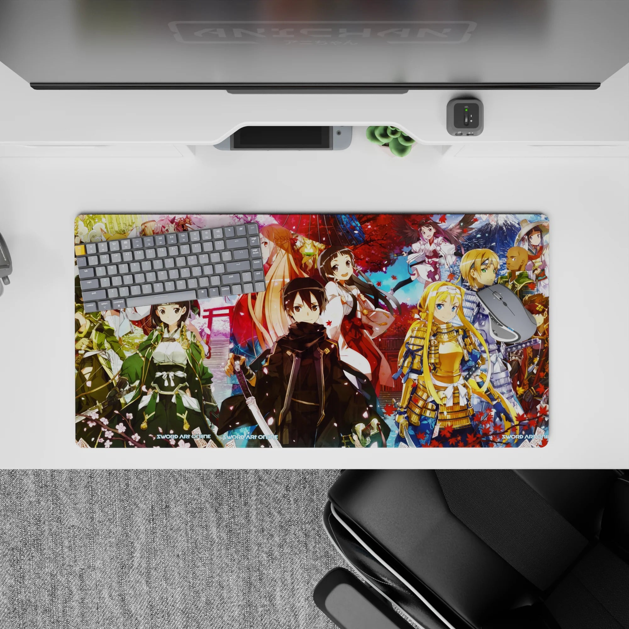 Anime mouse pad 32x16 inches featuring Kirito and crew in samurai and shrine maiden outfits with sakura and autumn leaves.