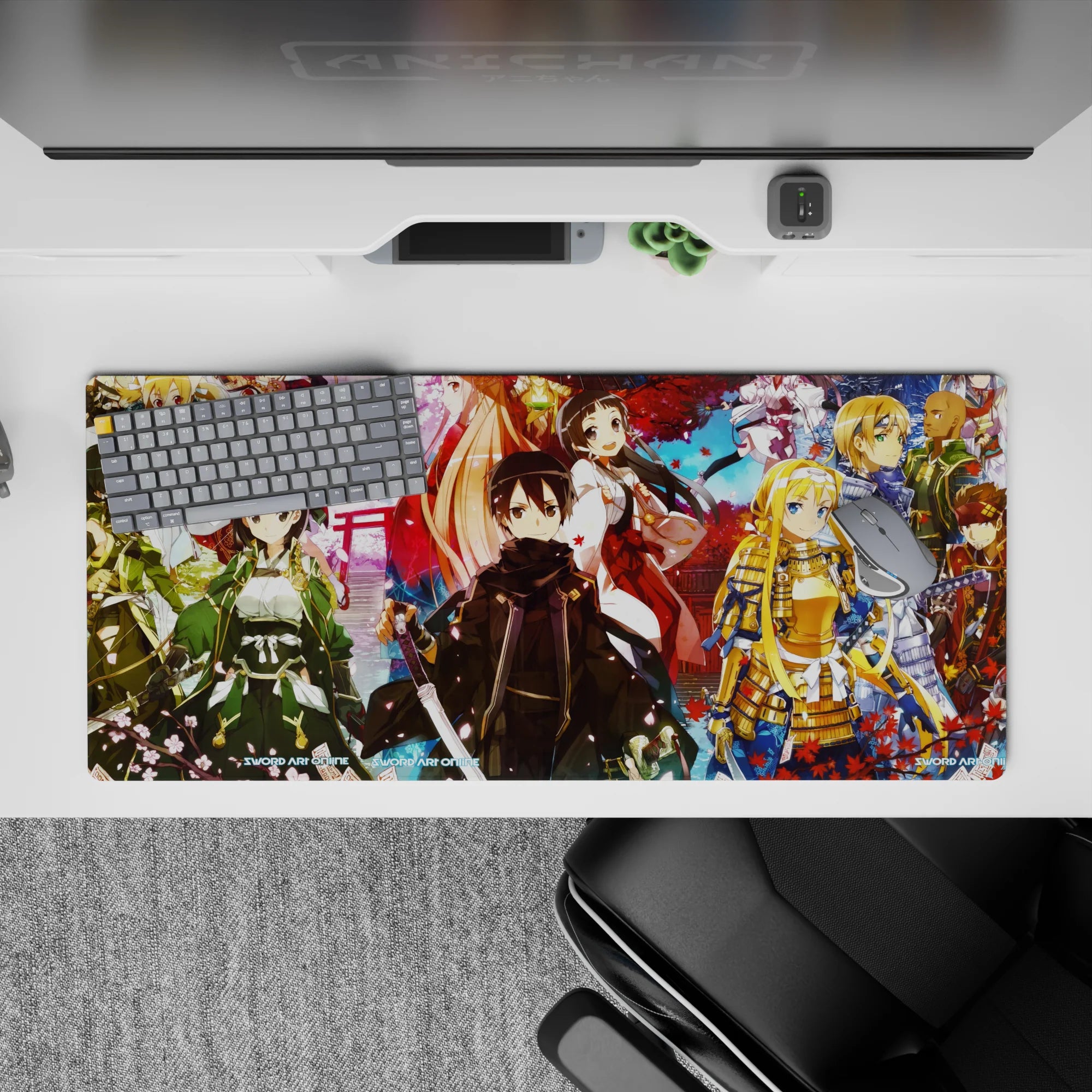 Anime desk pad 36x16 inches featuring Kirito and crew in samurai and shrine maiden outfits under sakura and autumn leaves.