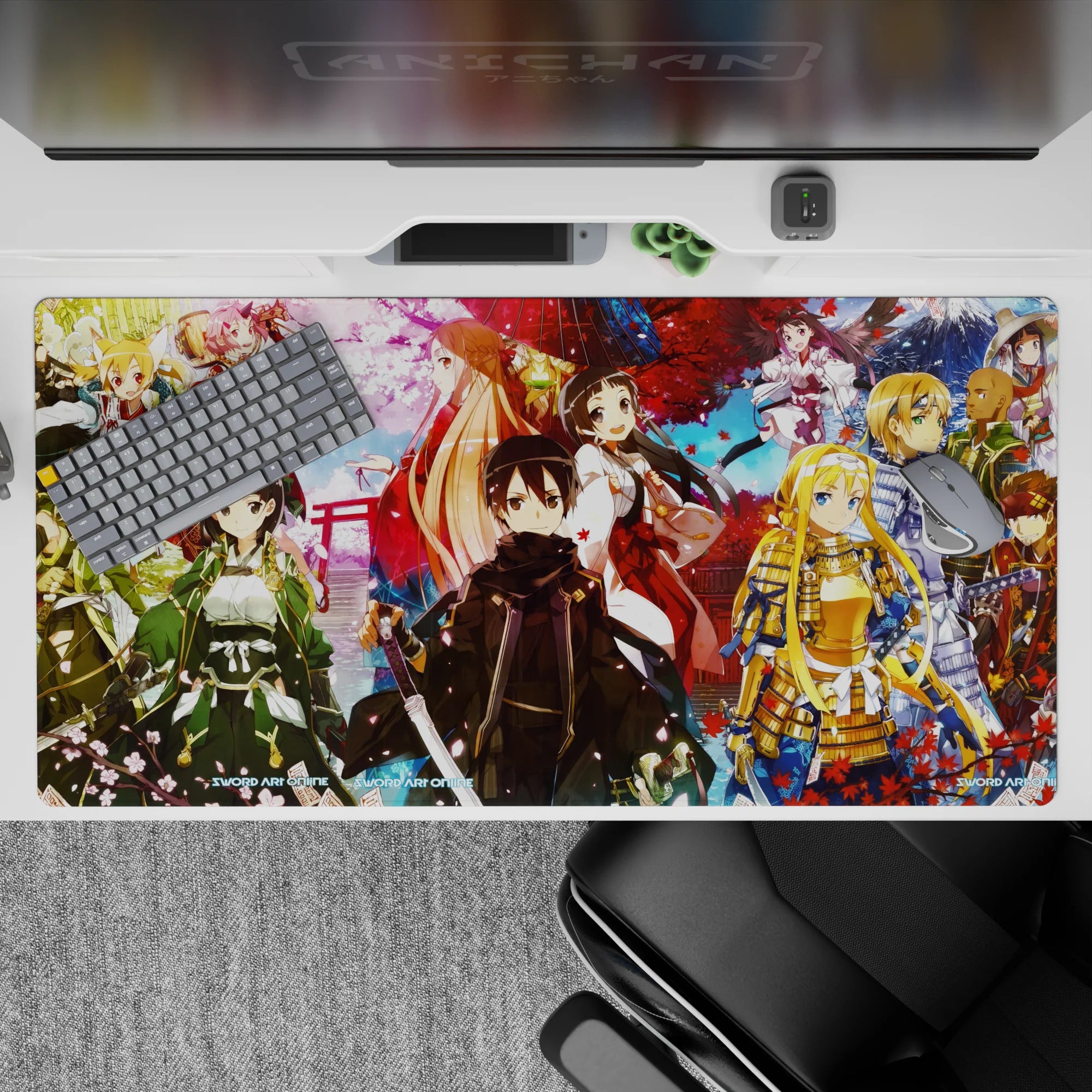 Anime mouse pad 40x20 inches featuring Kirito in samurai attire amidst falling sakura, autumn leaves, and vibrant colors.