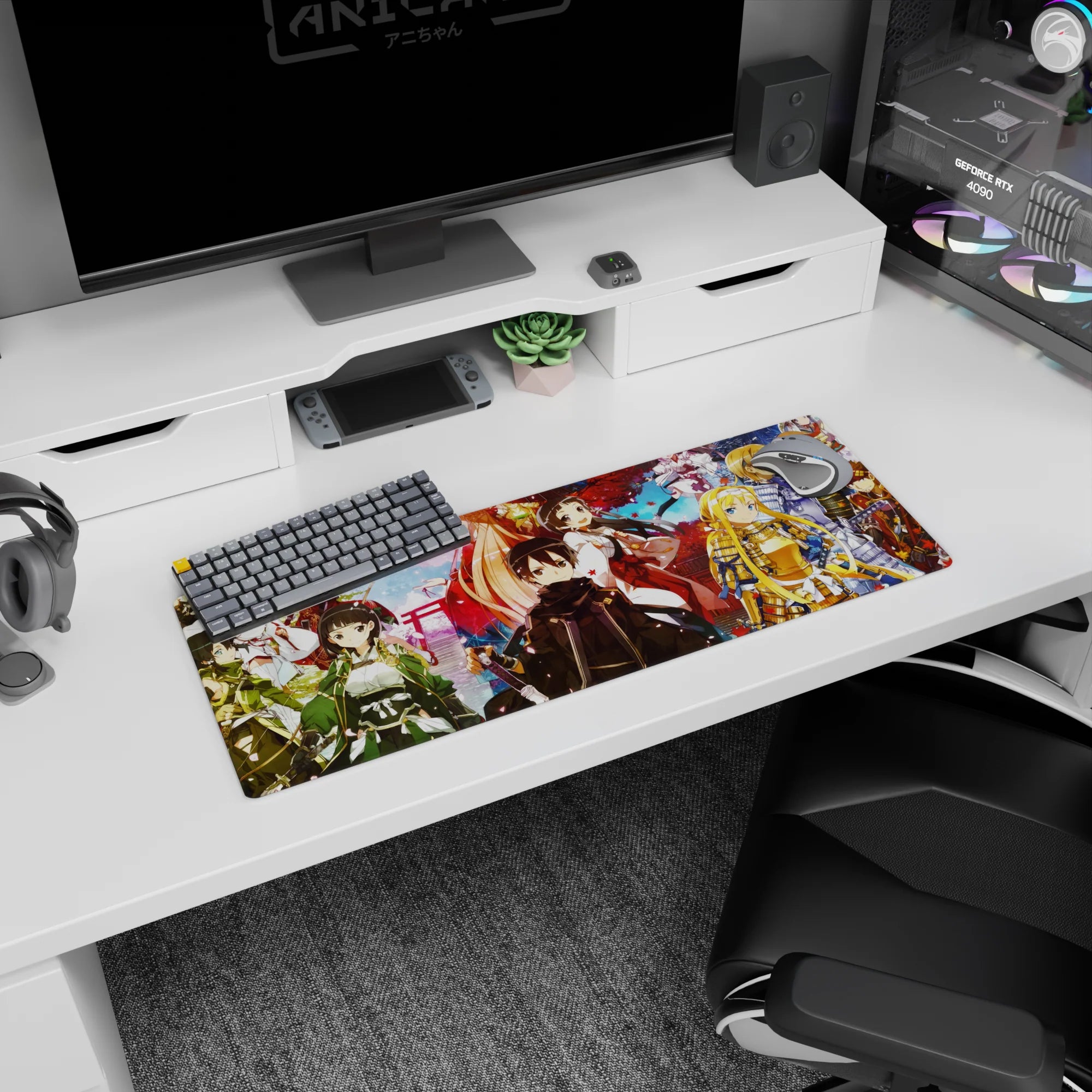 Anime mouse pad 32x12 inches featuring Kirito and crew in samurai and shrine maiden outfits under sakura and autumn leaves.