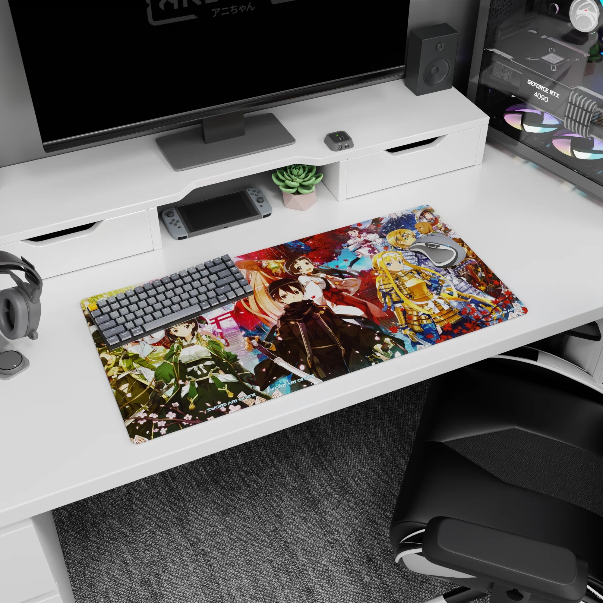 Anime mouse pad 32x16 inches, featuring Kirito and crew in samurai outfits under sakura and autumn leaves, vibrant colors.