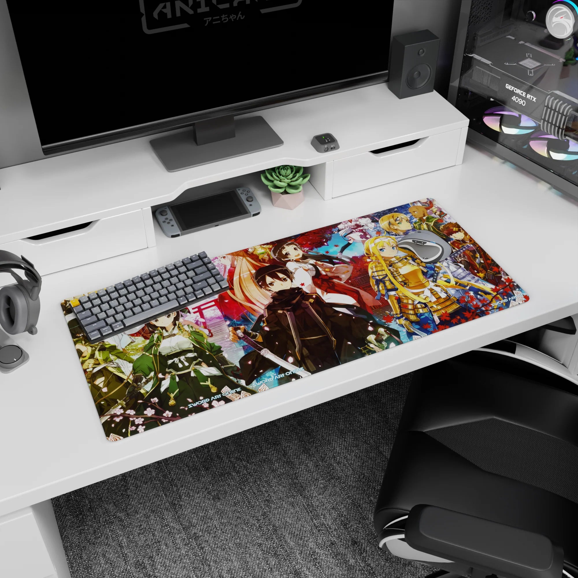 Anime desk pad 36x16 inches featuring Kirito and crew in samurai outfits with sakura and autumn leaves, vibrant colors.