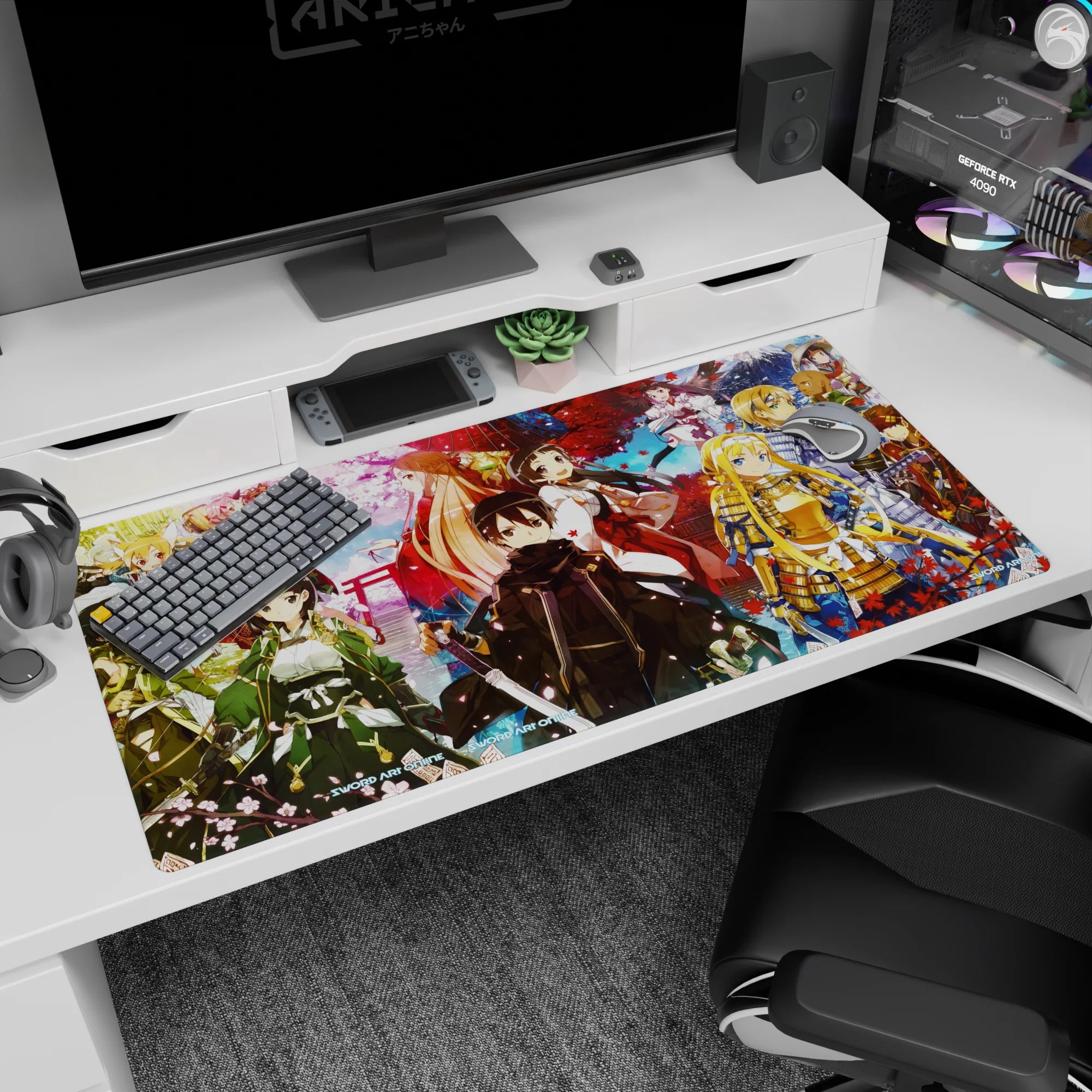 Anime desk pad featuring Kirito and crew in samurai outfits under sakura leaves, vibrant colors, size 40x20 inches.
