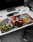 Anime desk pad featuring Kirito and crew in samurai outfits under sakura leaves, vibrant colors, size 40x20 inches.