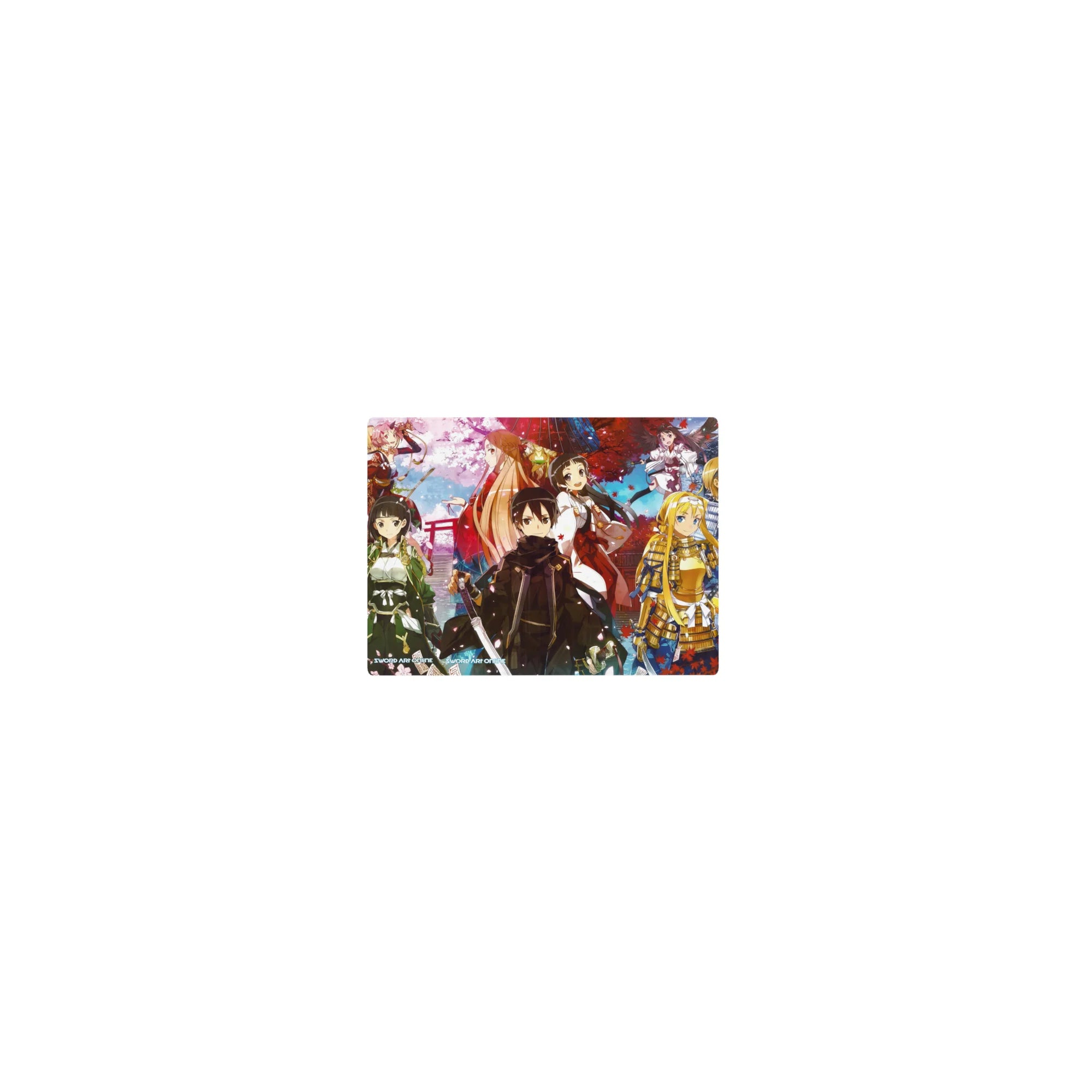 Anime mouse pad featuring Kirito and crew in samurai and shrine maiden outfits under sakura; size 14x10 inches.