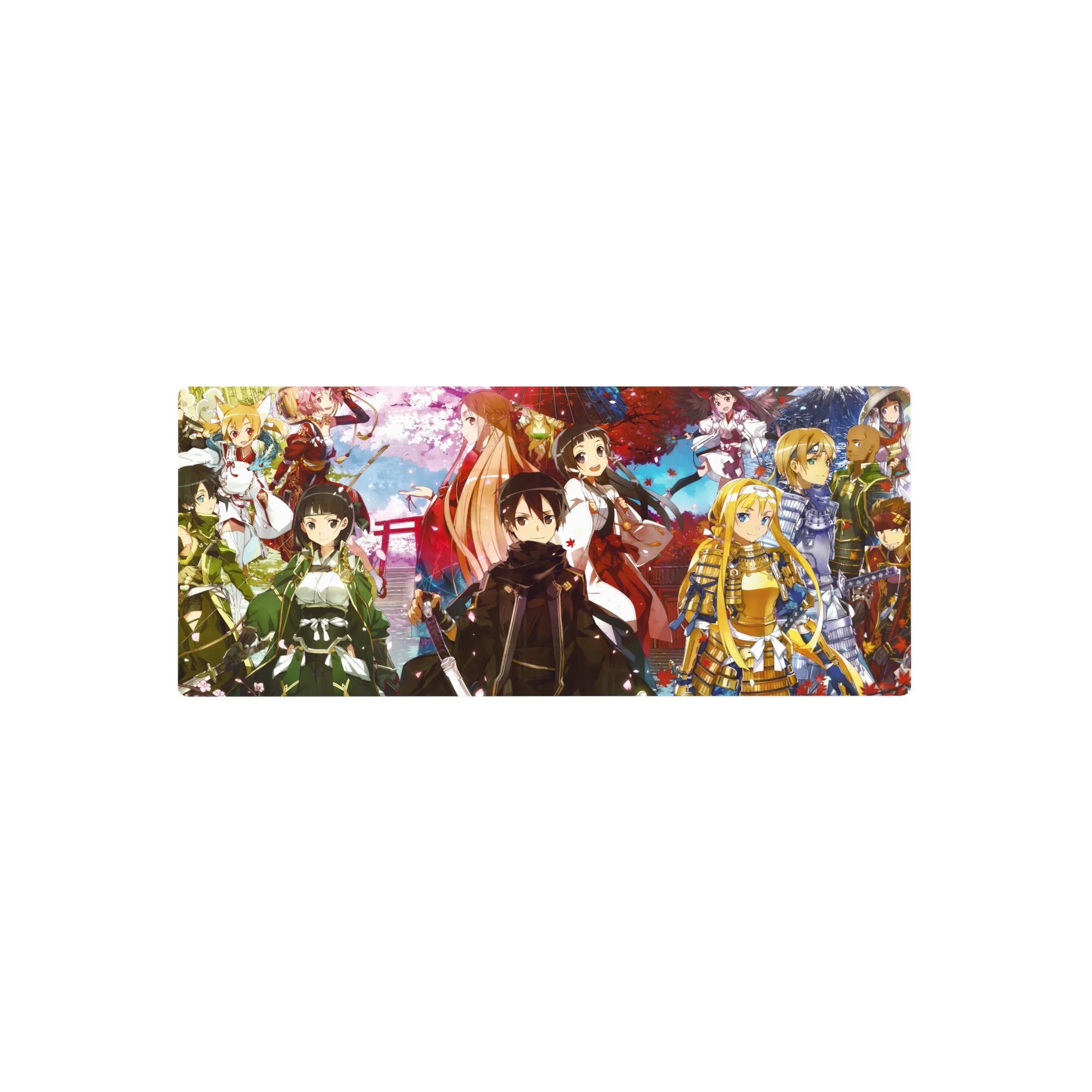 Anime mouse pad 28x12 inches featuring Kirito and crew in samurai and shrine maiden outfits with sakura and autumn leaves.