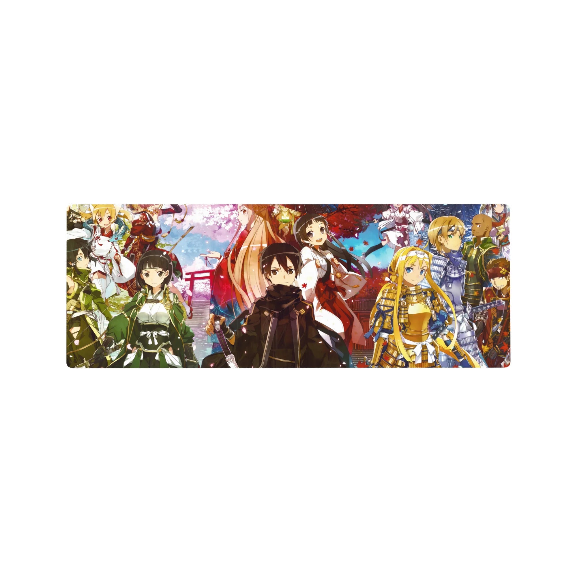Anime mouse pad 32x12 inches featuring Kirito and crew in samurai and shrine maiden outfits with sakura and autumn leaves.