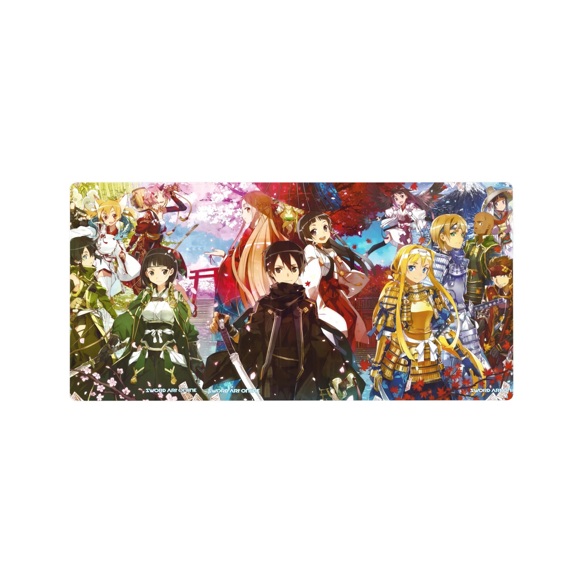 Anime mouse pad 32x16 inches featuring Kirito and crew in samurai and shrine maiden outfits, with sakura and autumn leaves.
