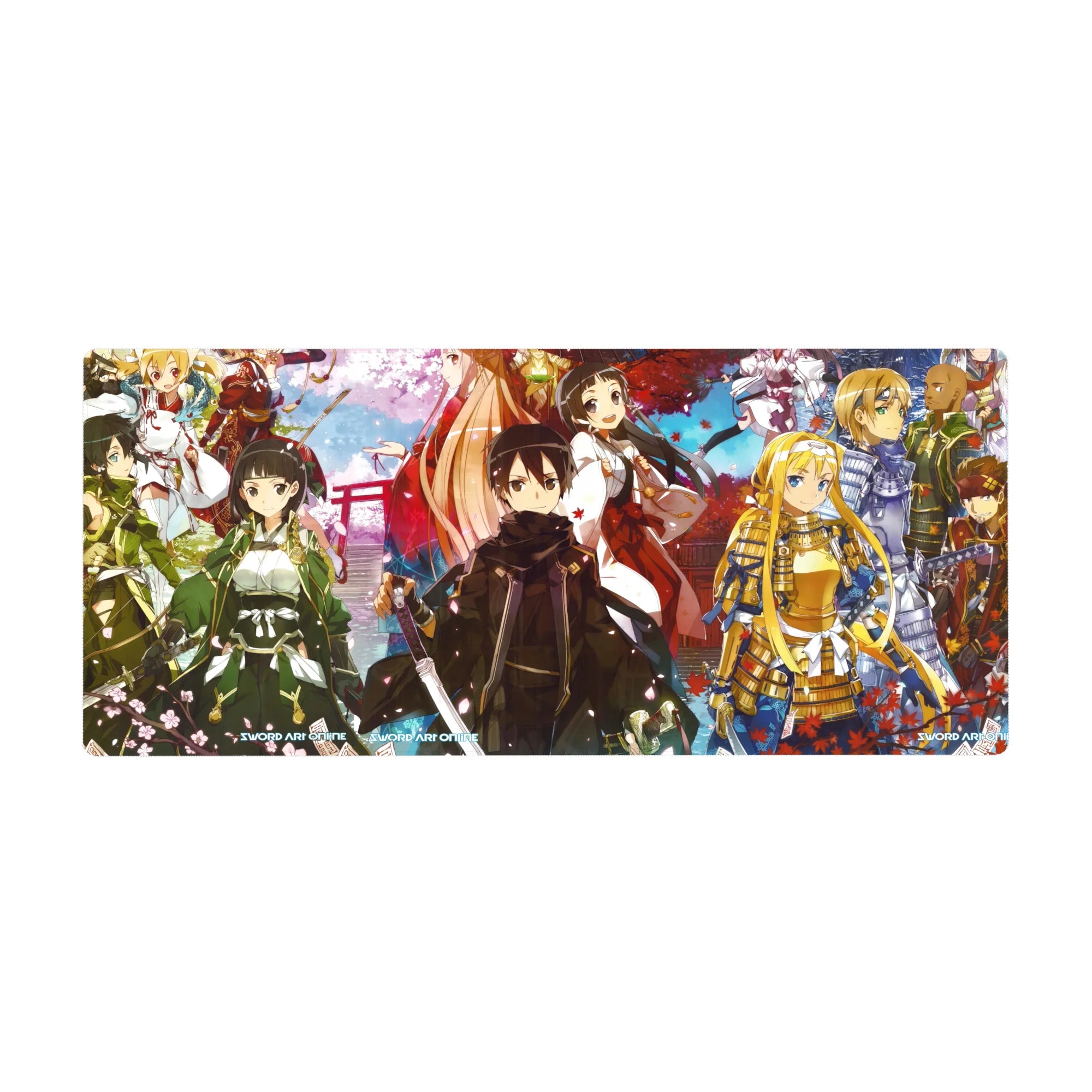 Anime desk pad 36x16 inches featuring Kirito and crew in samurai and shrine maiden outfits with sakura and autumn leaves.