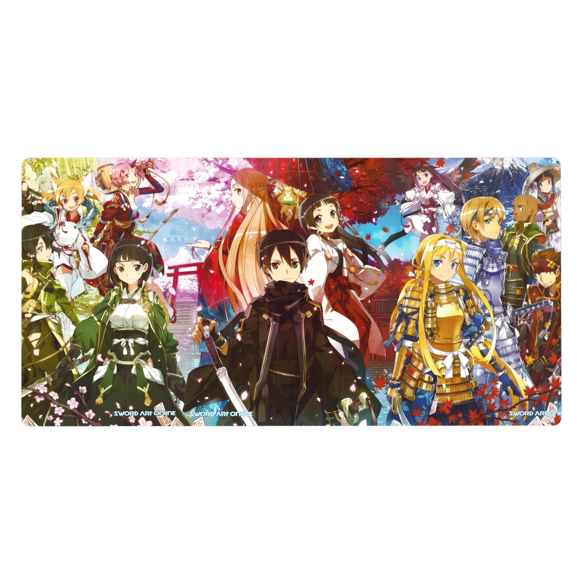 Anime desk pad 40x20 inches featuring Kirito and crew in samurai and shrine maiden outfits with sakura and autumn leaves.