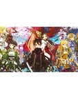Anime desk pad 40x20 inches featuring Kirito and crew in samurai and shrine maiden outfits with sakura and autumn leaves.