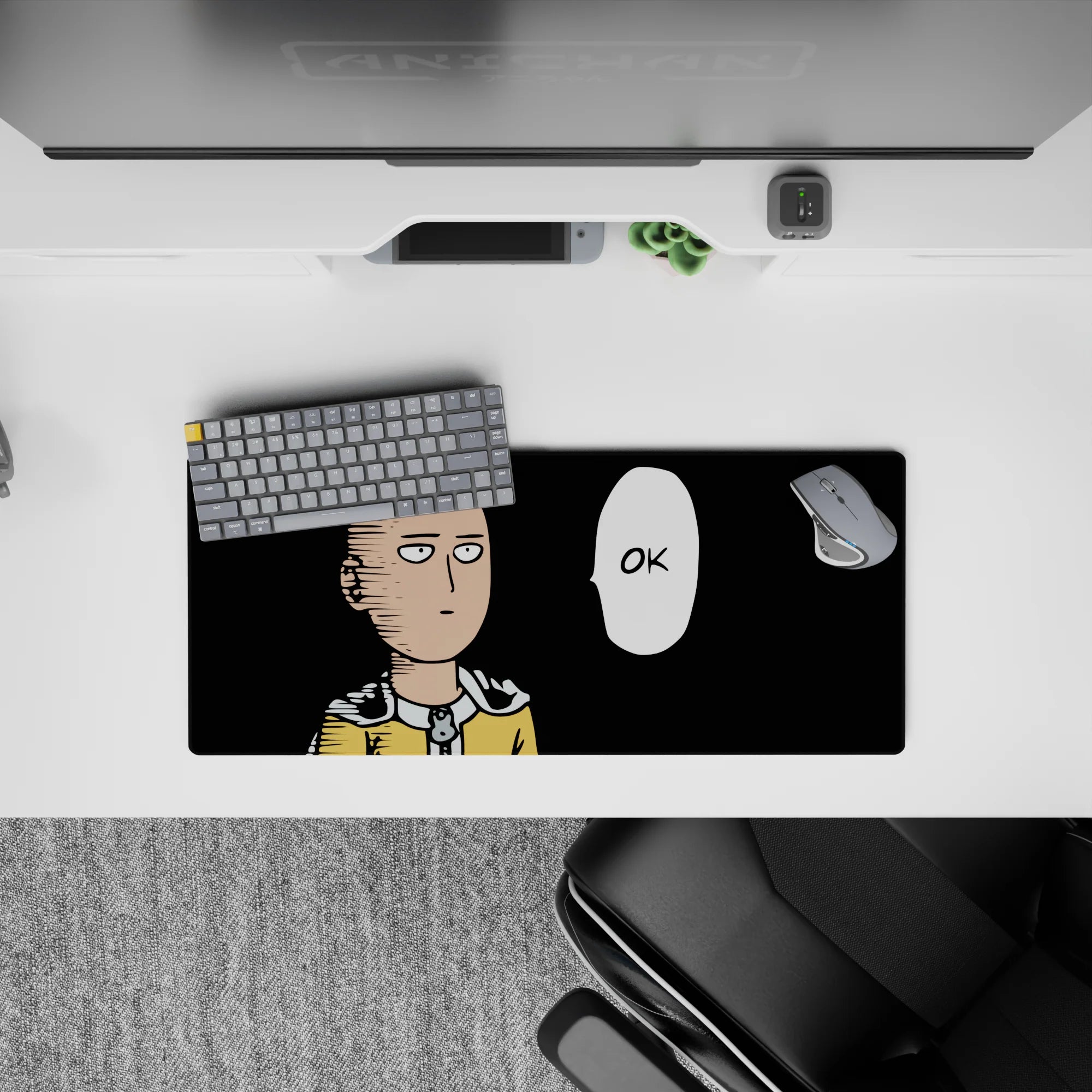 28x12 inches anime desk mat in bold black and yellow, clean minimalist look with a funny deadpan vibe.
