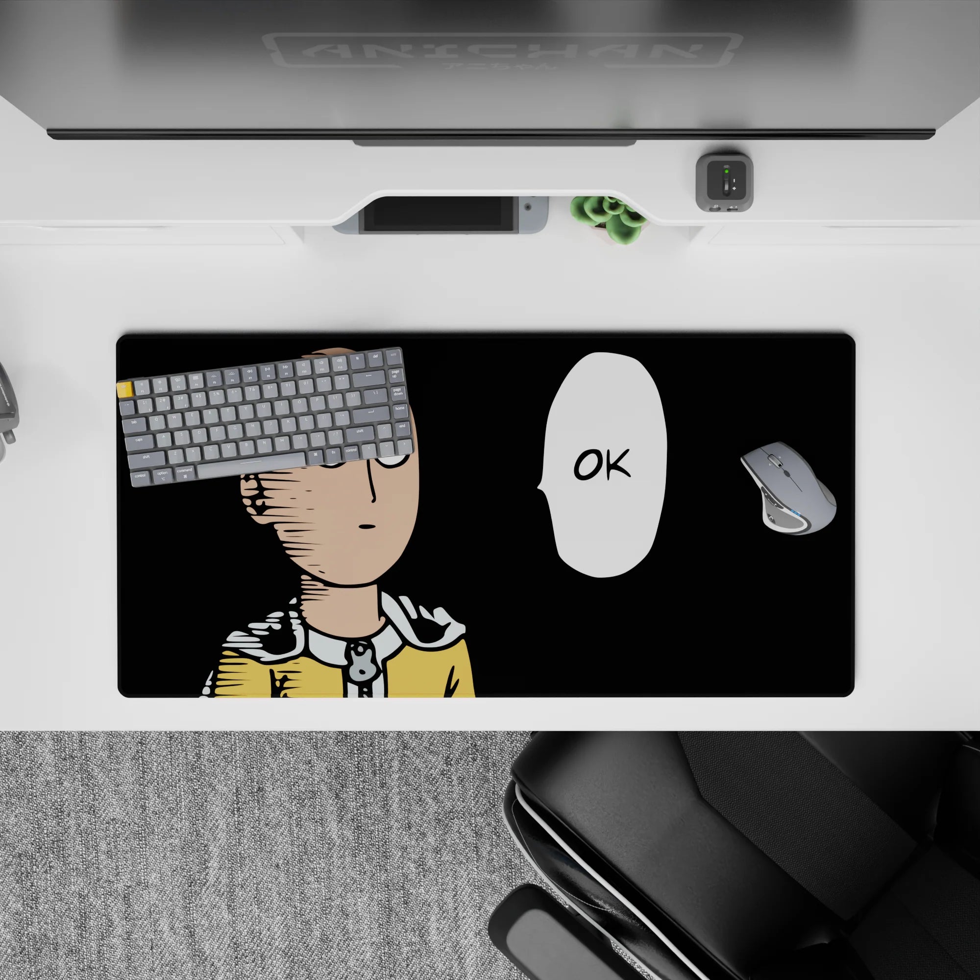 32x16 inches anime mouse pad in bold yellow and black, clean lines and calm deadpan humor.