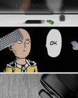 Yellow suit on deep black, calm deadpan vibe anime desk pad for gaming or work, 40x20 inches.