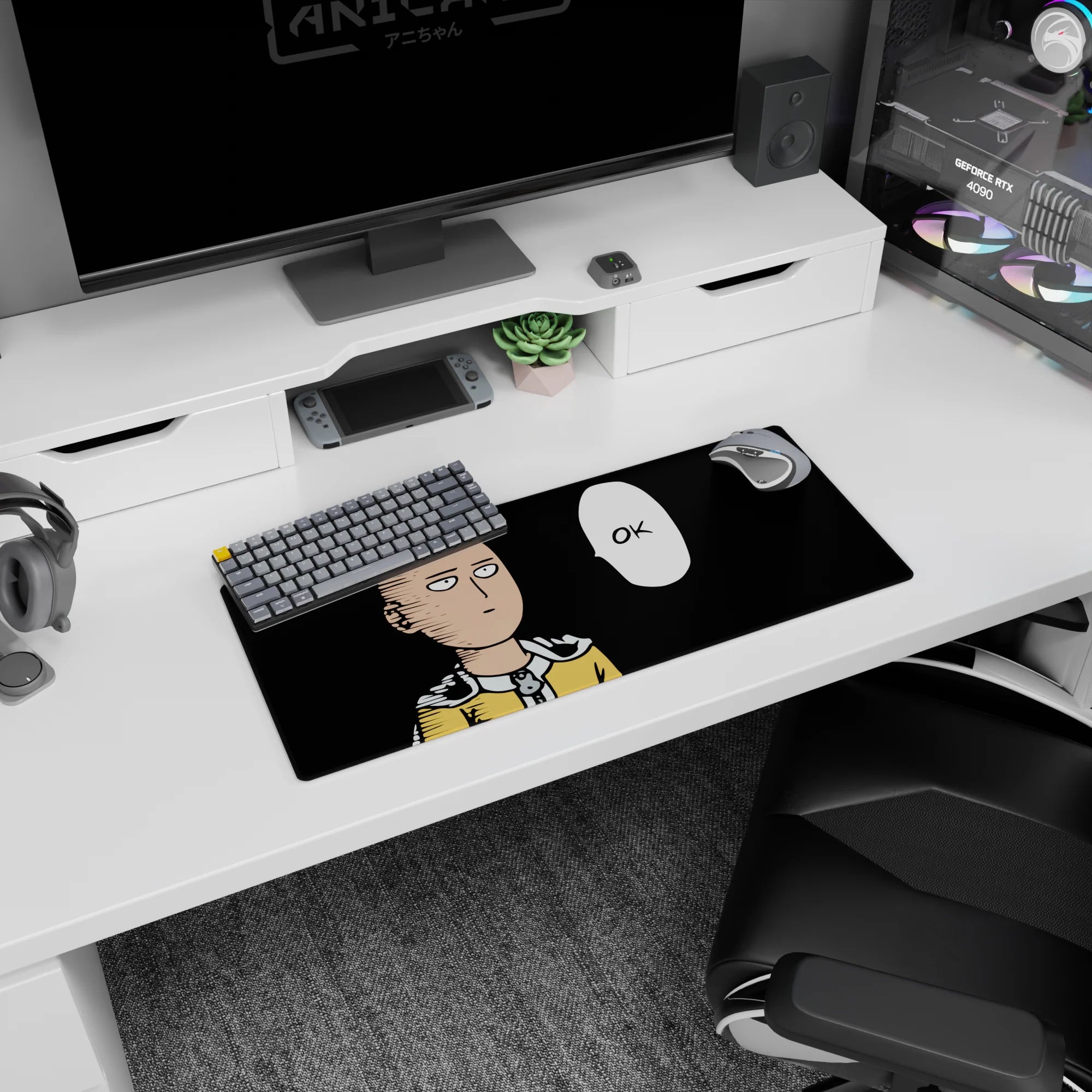 28x12 inches One Punch Man mouse pad showing Saitama staring ahead, cape clasped, OK speech bubble.