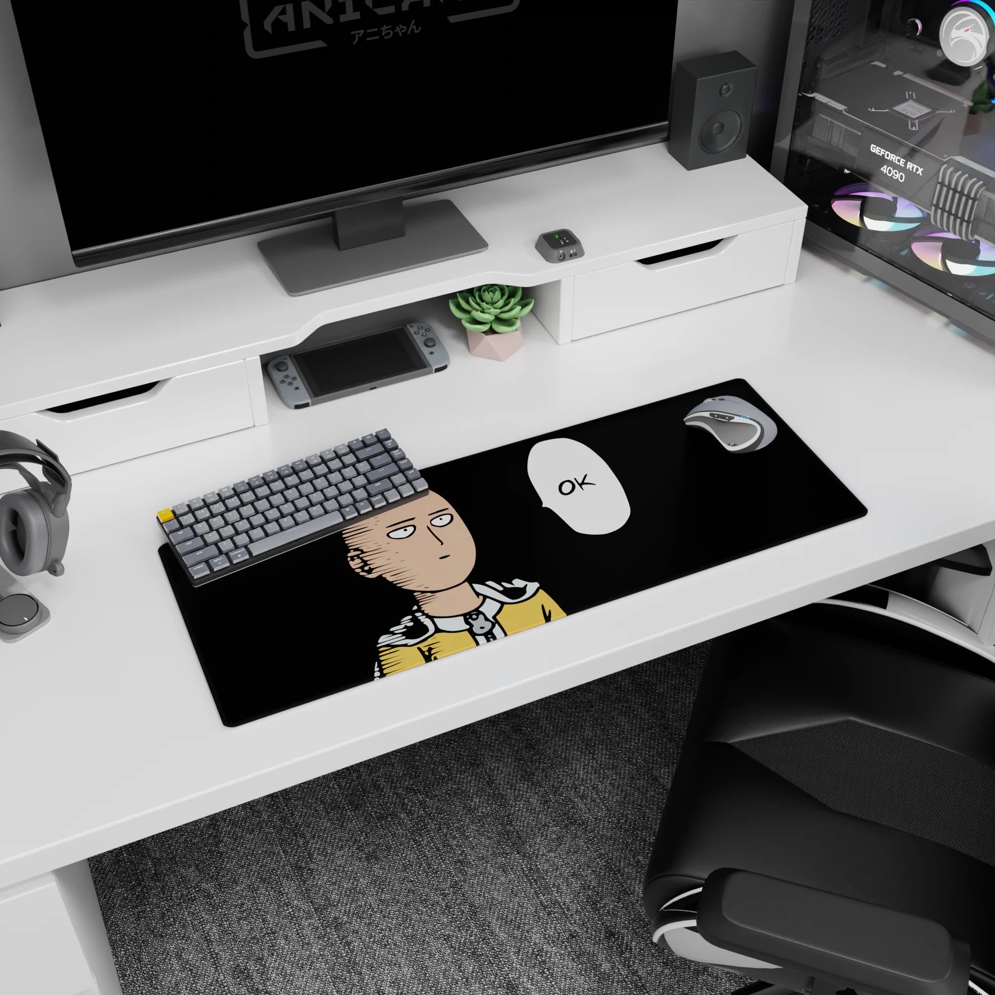 32x12 inches One Punch Man mouse pad showing Saitama staring ahead, cape clasped, with OK speech bubble.