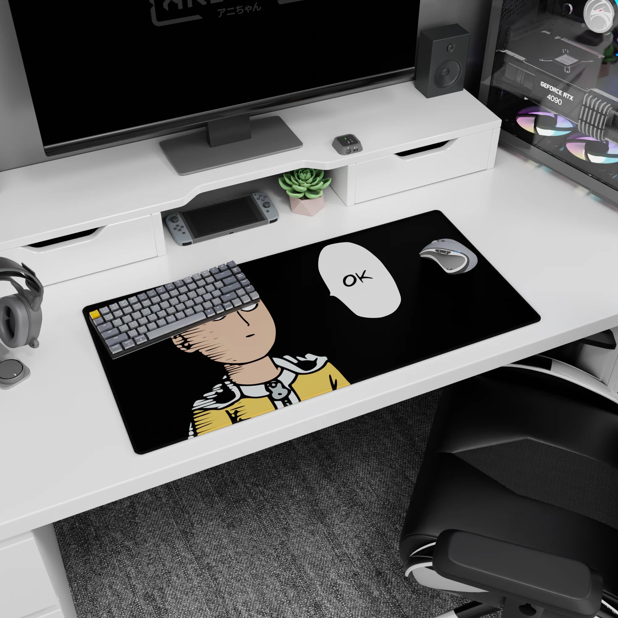 32x16 inches anime mouse pad showing Saitama staring ahead, cape clasped, with an OK punchline bubble.