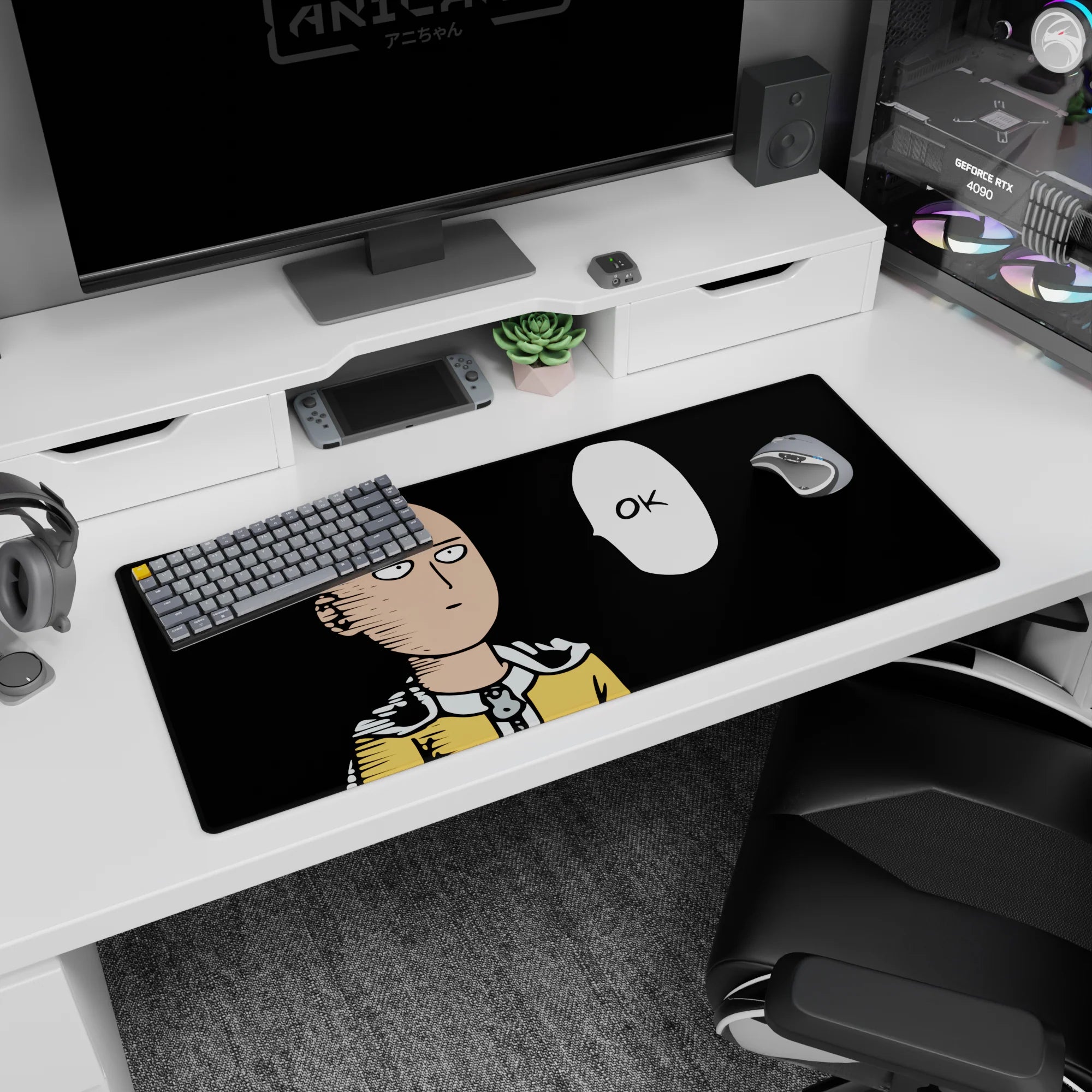 36x16 inches anime desk pad showing Saitama staring blankly, cape at collar, crisp yellow suit on black.