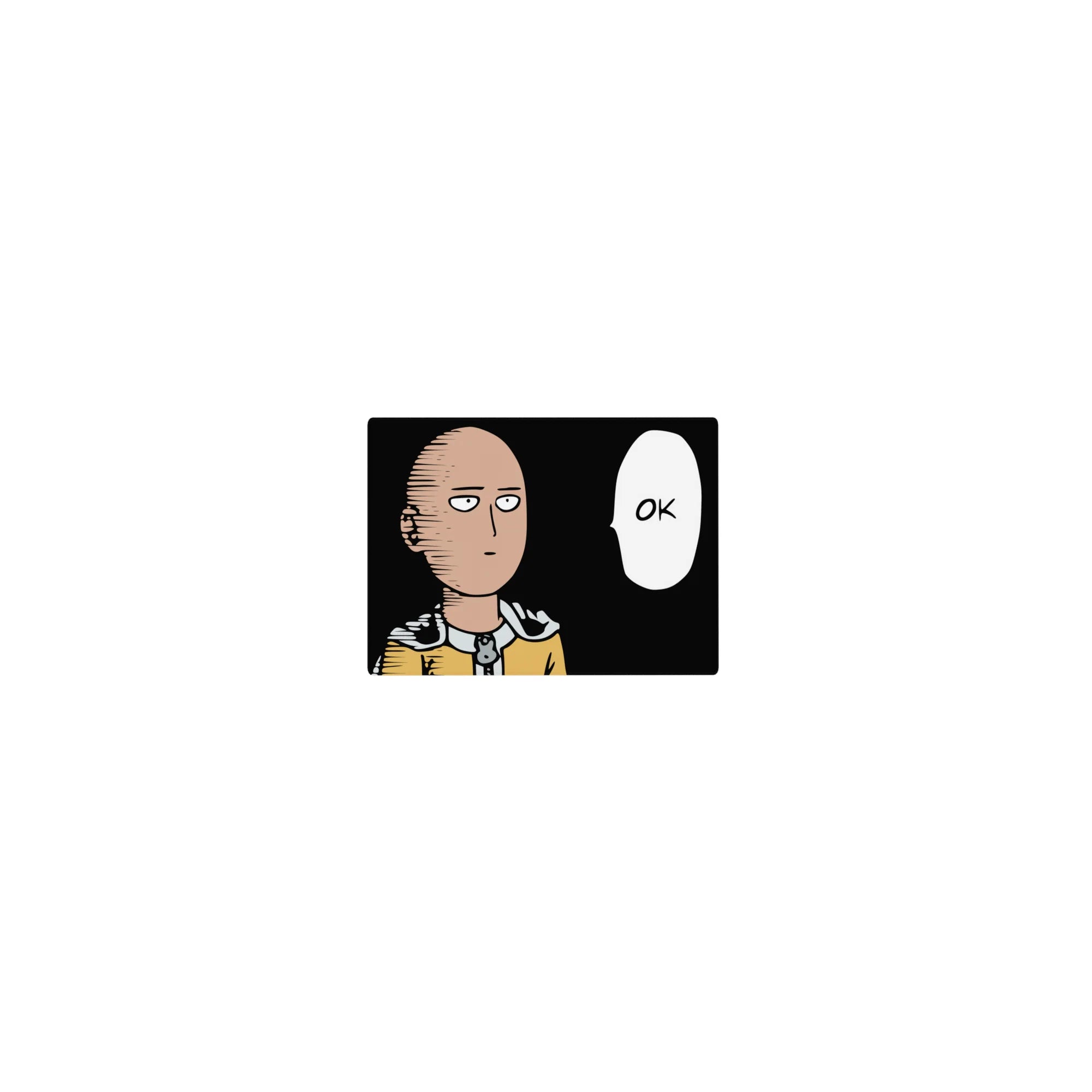 Classic anime mouse pad 14x10 inches with Saitama in yellow suit and cape, OK speech bubble on black.