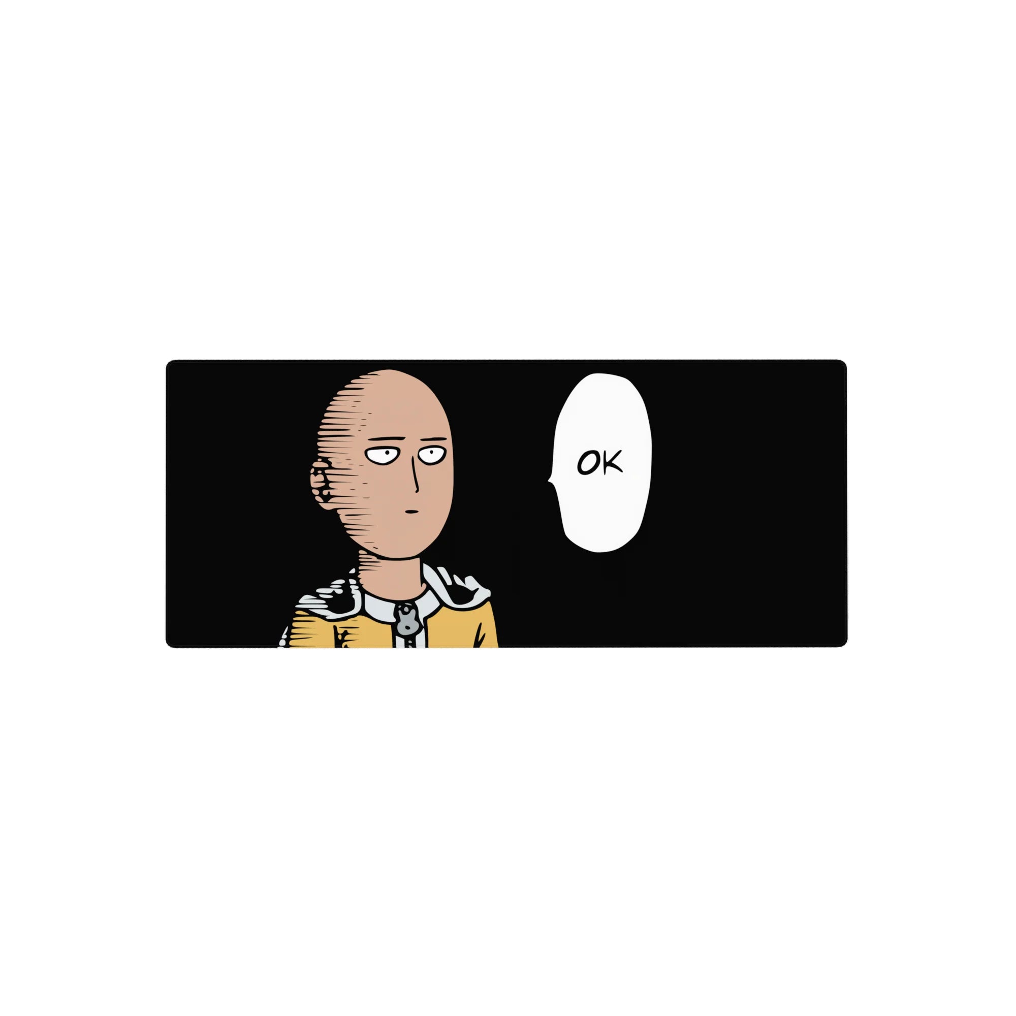 28x12 inches anime mouse pad with Saitama in yellow suit and cape on a black background, OK bubble.