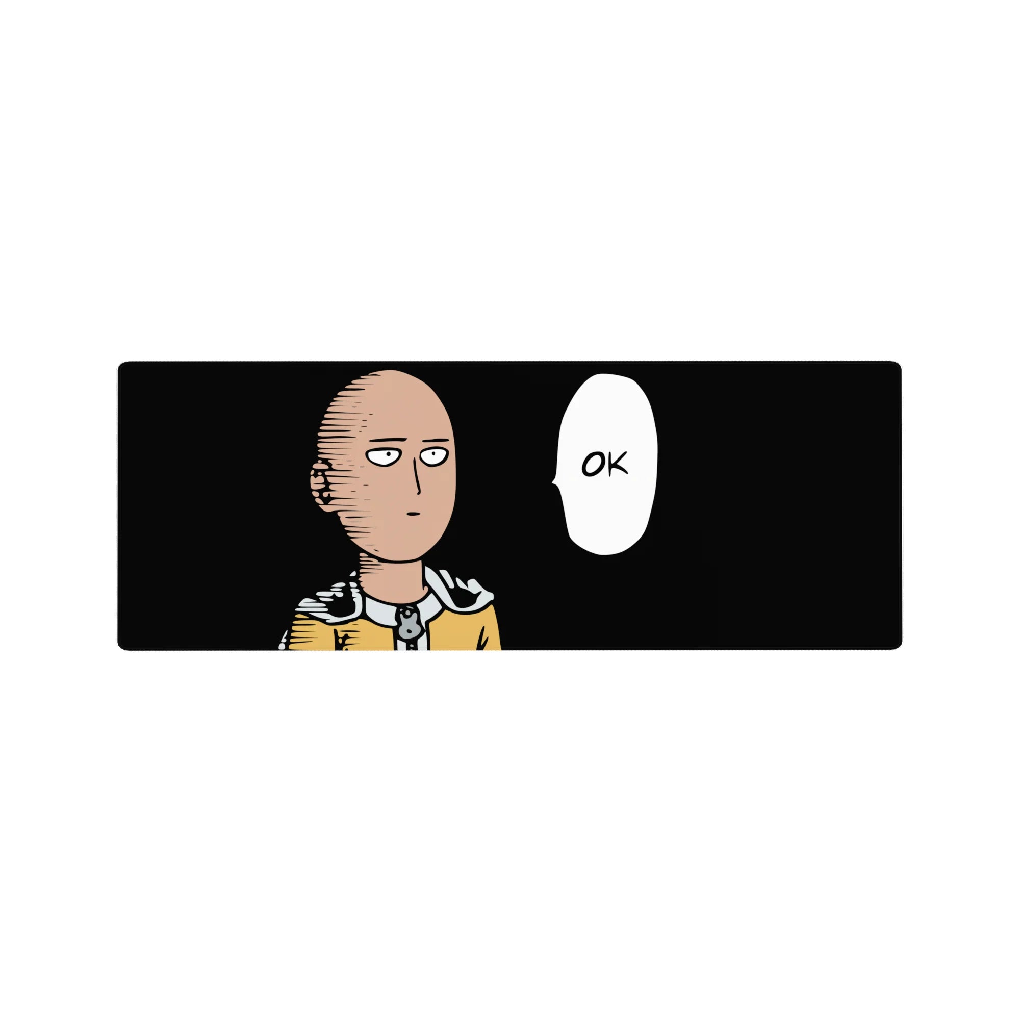 32x12 inches anime mouse pad featuring Saitama in a clean yellow suit on a black background with OK bubble.