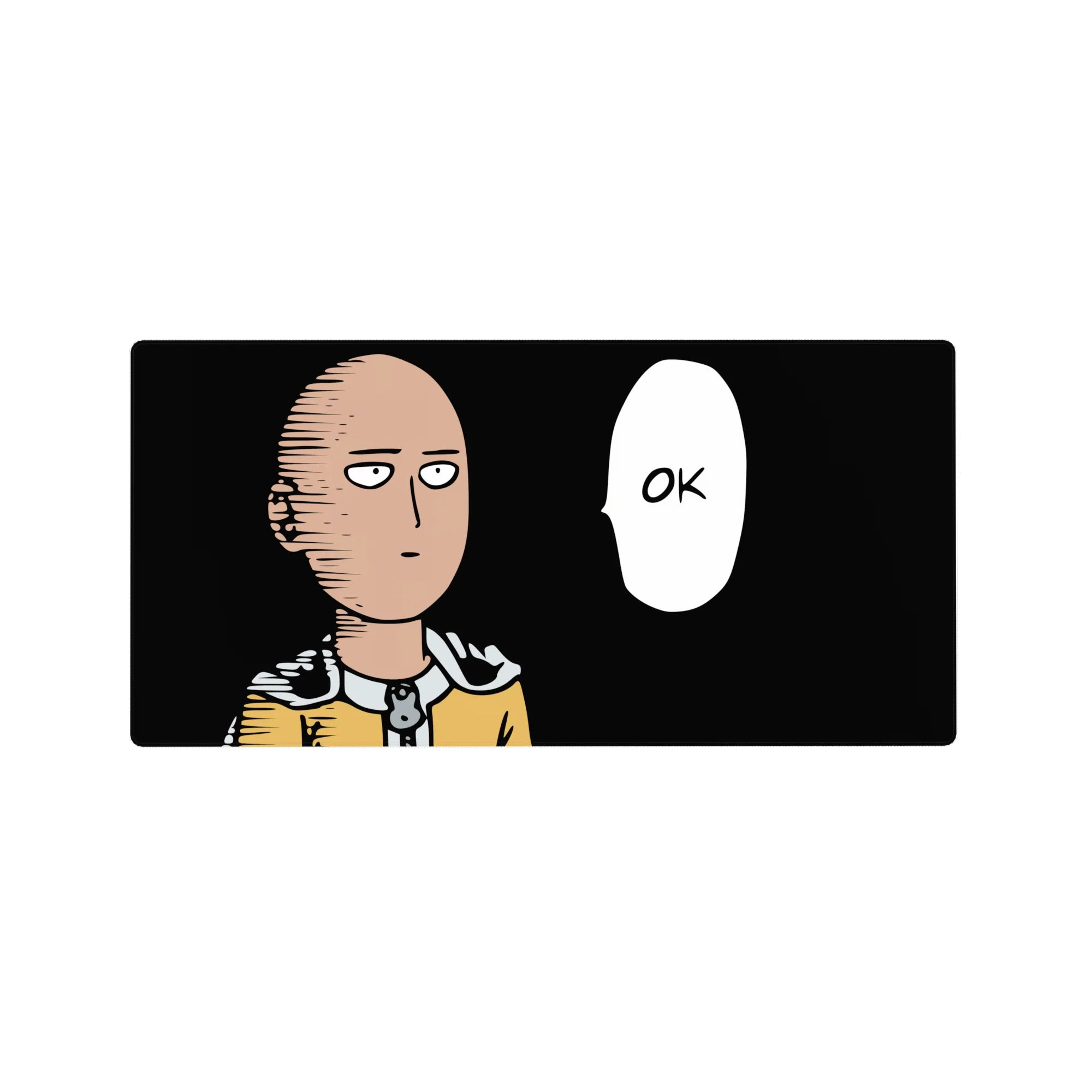 32x16 inches anime mouse pad featuring a minimalist Saitama design with OK speech bubble on black.